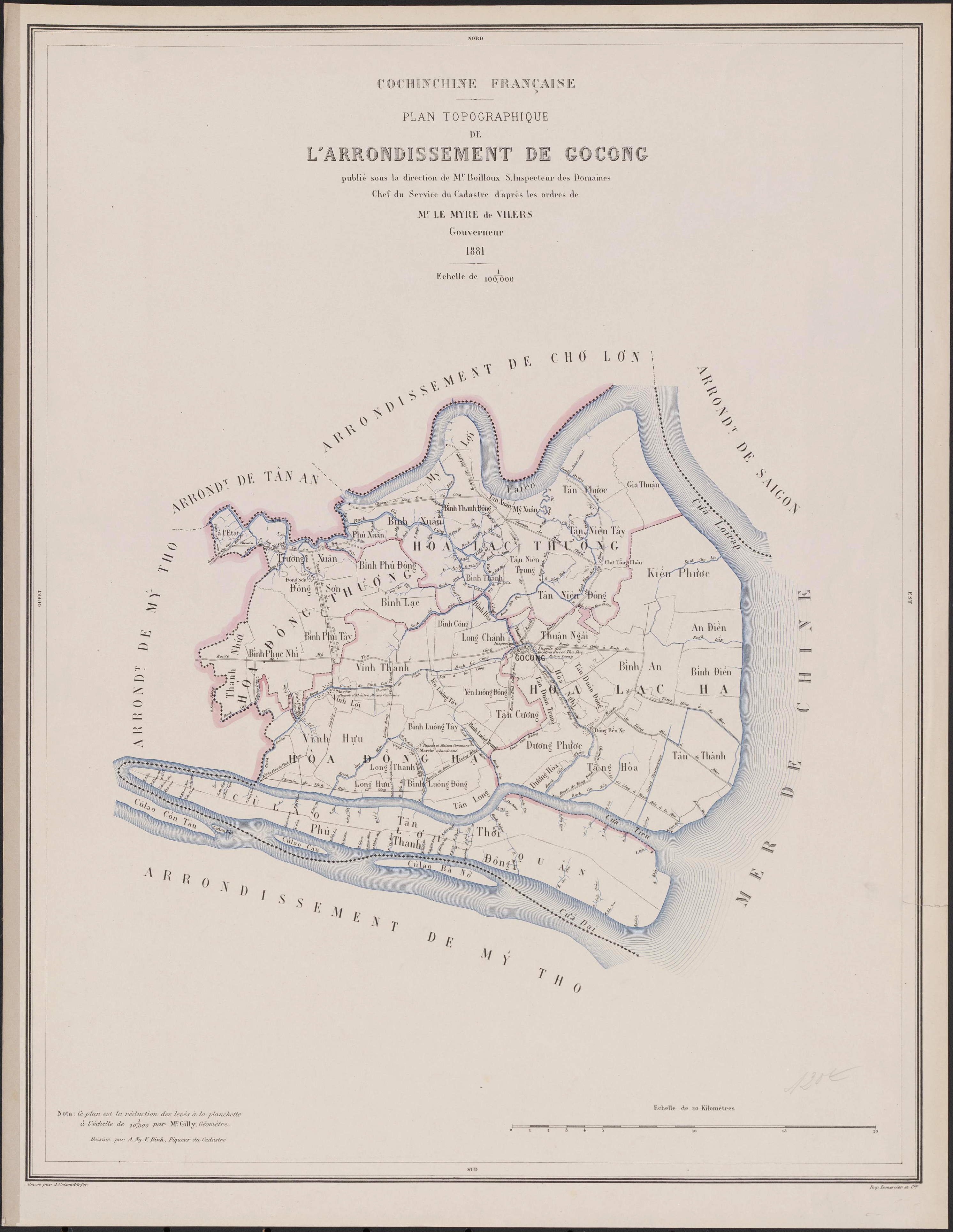 13476480 n07 11526186884 plan topographique de larrondissement de gocong ban do dia hinh hat go cong 1881 que me vua tu duc 792x1024 Gò Công Xưa – Vị trí Địa giới